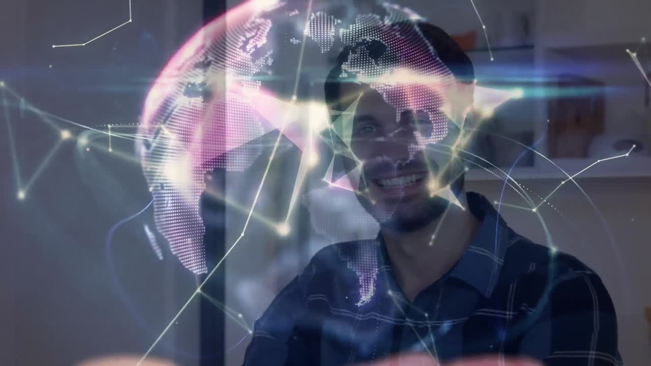 animación de formas que se mueven sobre el hombre caucásico hablando en el teléfono inteligente