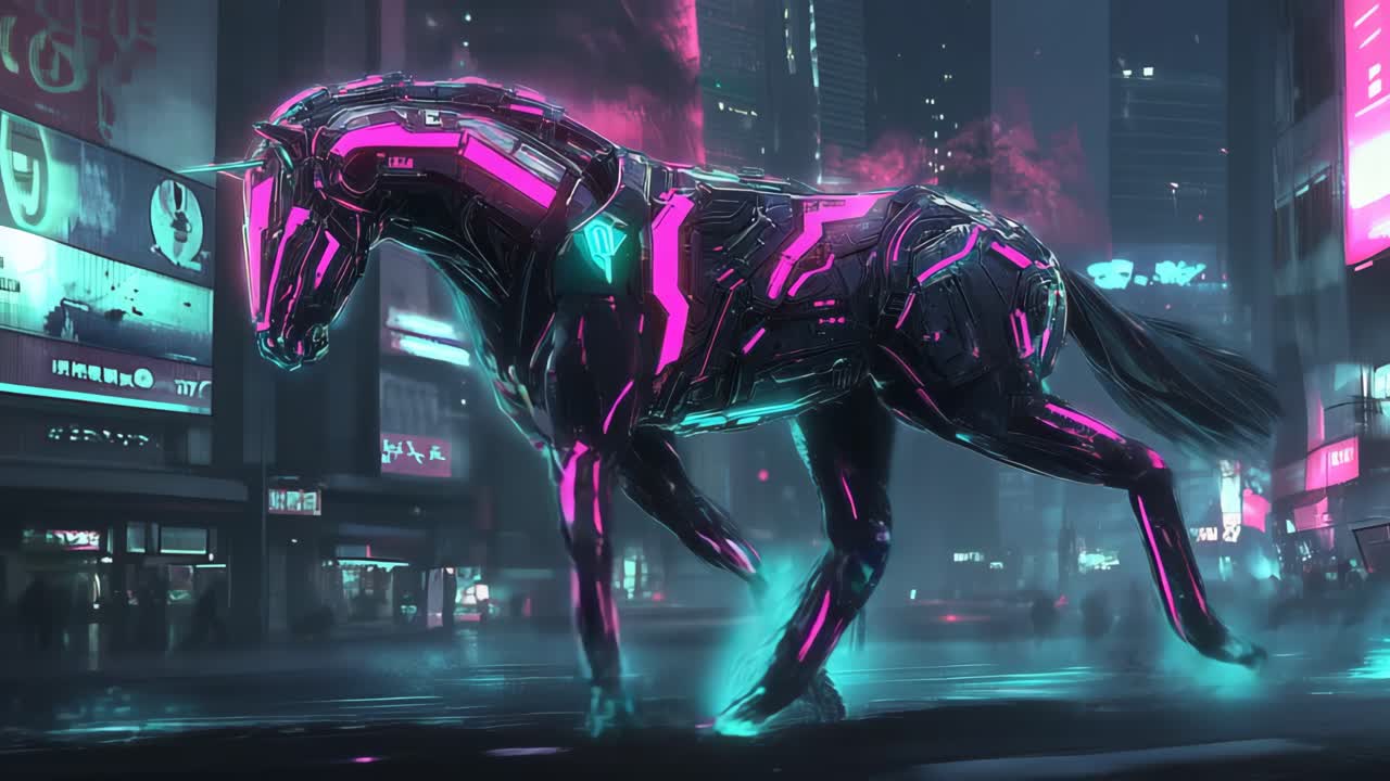 Cyberpunk Mechanical Horse in Neon City
