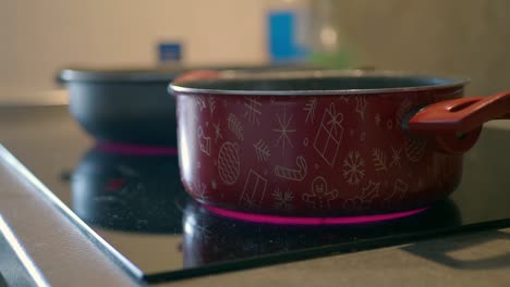 red pot with christmas design on stovetop