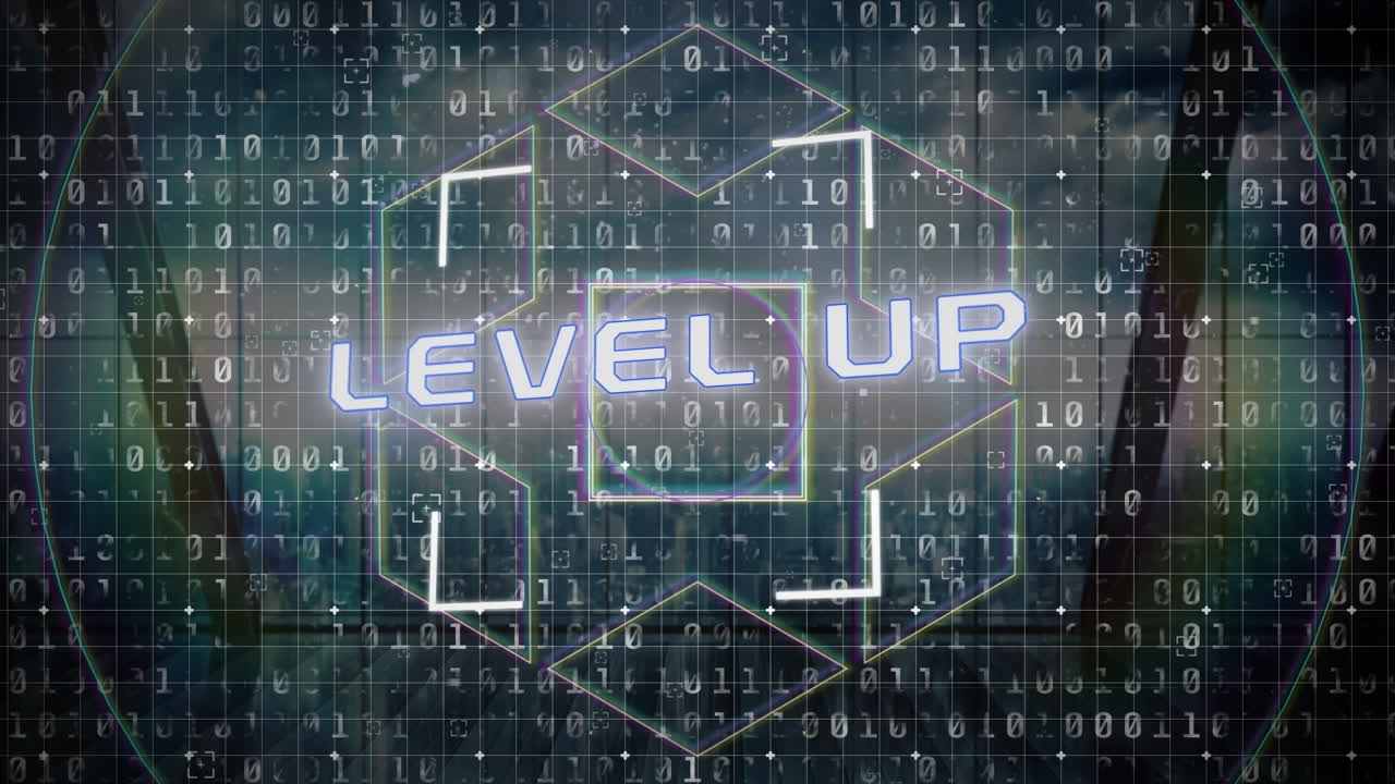 데이터 처리에 대한 텍스트 및 모양의 레벨 업 애니메이션