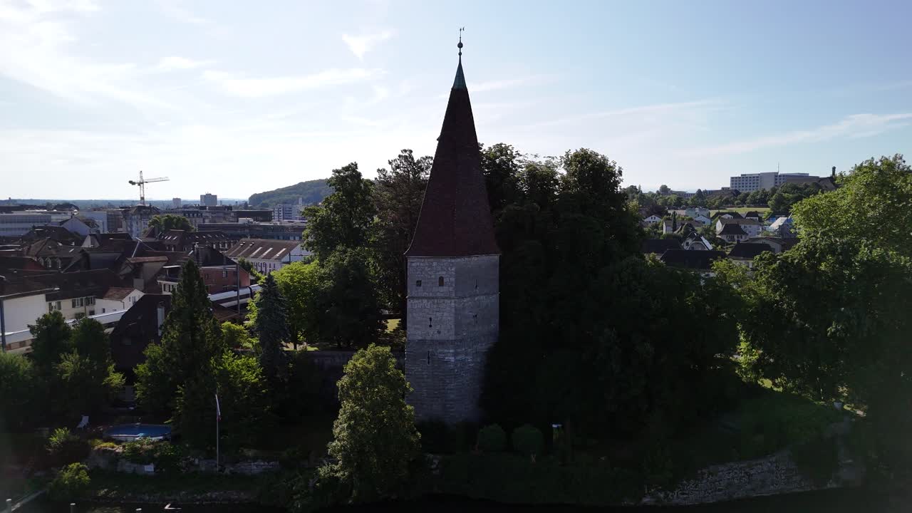 Crooked Tower historical landmark Solothurn Switzerland Krummturm aerial drone