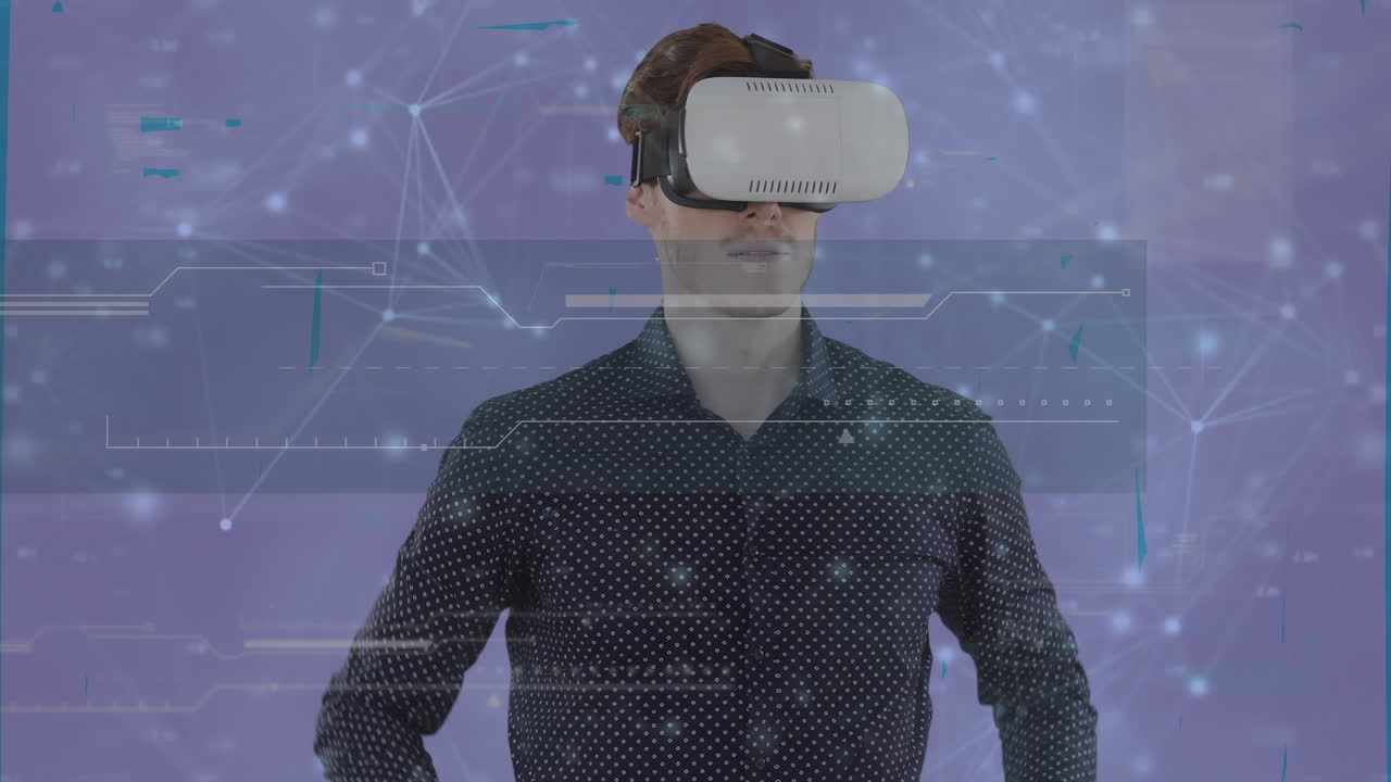 animación de un hombre de negocios que usa auriculares vr con red de conexiones