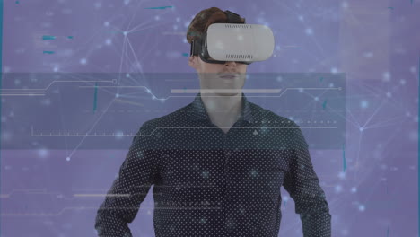 animation of businessman wearing vr headset with network of connections