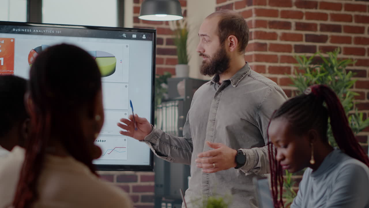 Close up of worker presenting business strategy on display