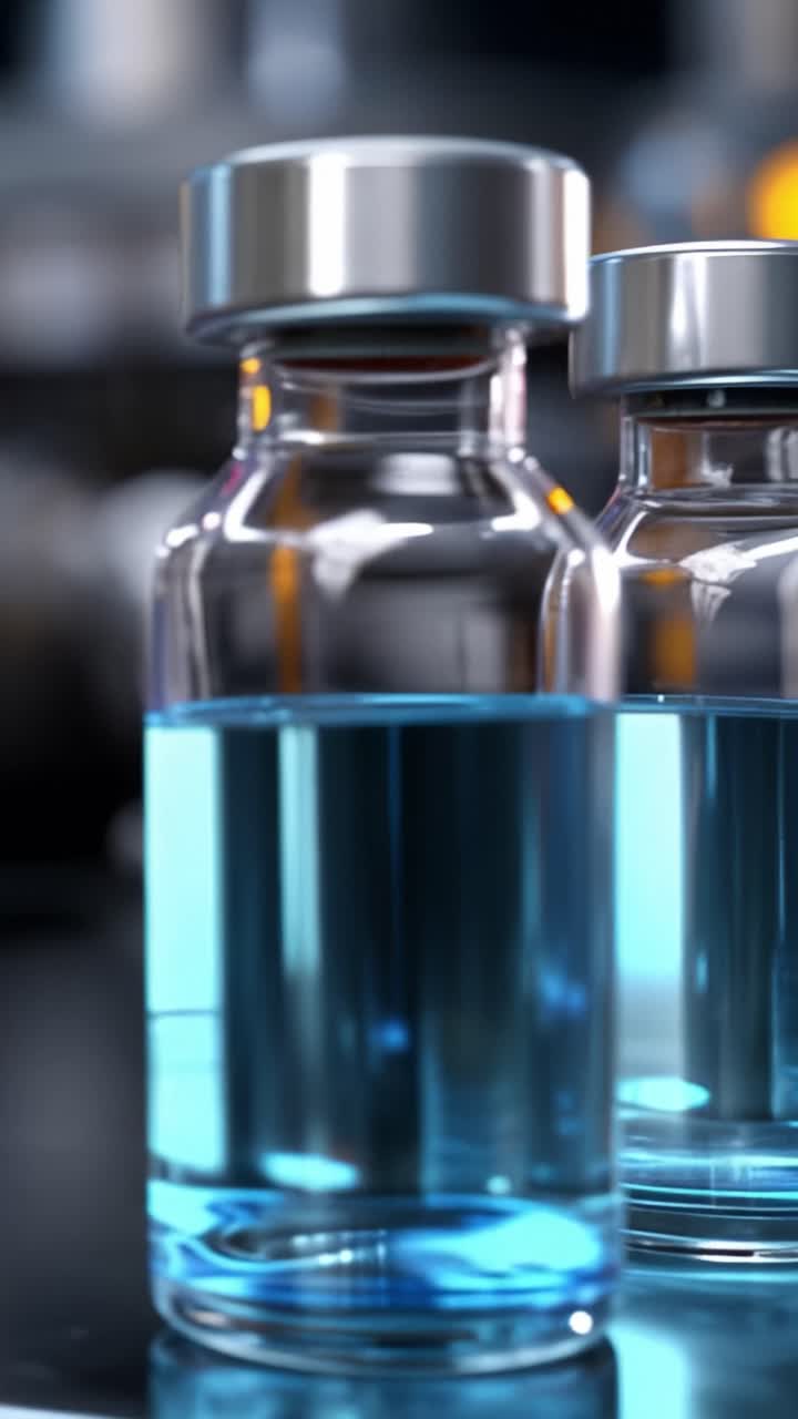 Two Glass Vials with Colorful Liquid Contents Reflecting Science and Innovation in a Laboratory Environment Featuring Blue and Purple Solutions