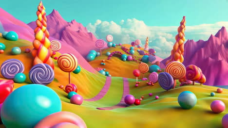 whimsical candy land landscape with lollipops and sugary mountains