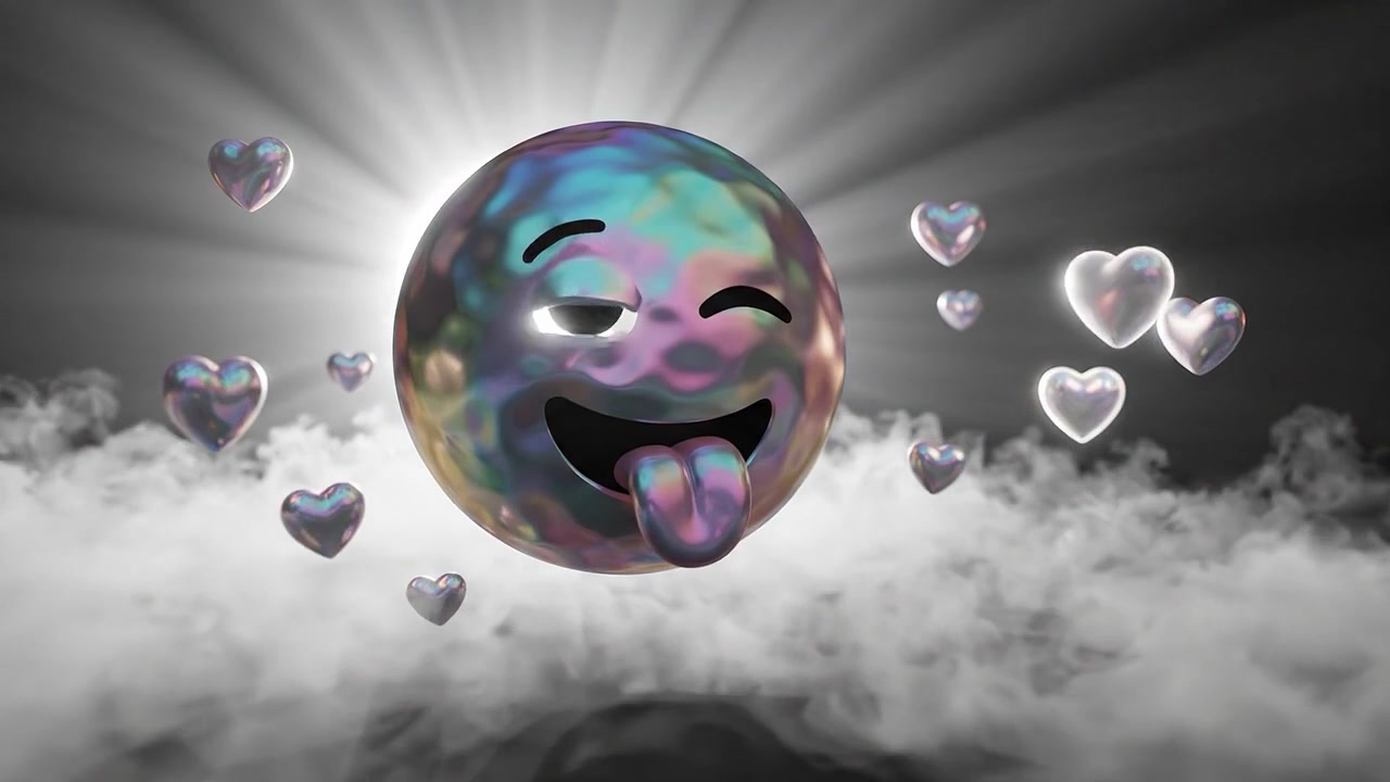 A colorful, playful emoji ball with a wink and tongue out, surrounded by sparkling hearts in a misty, glowing atmosphere, creating a whimsical, cheerful scene.