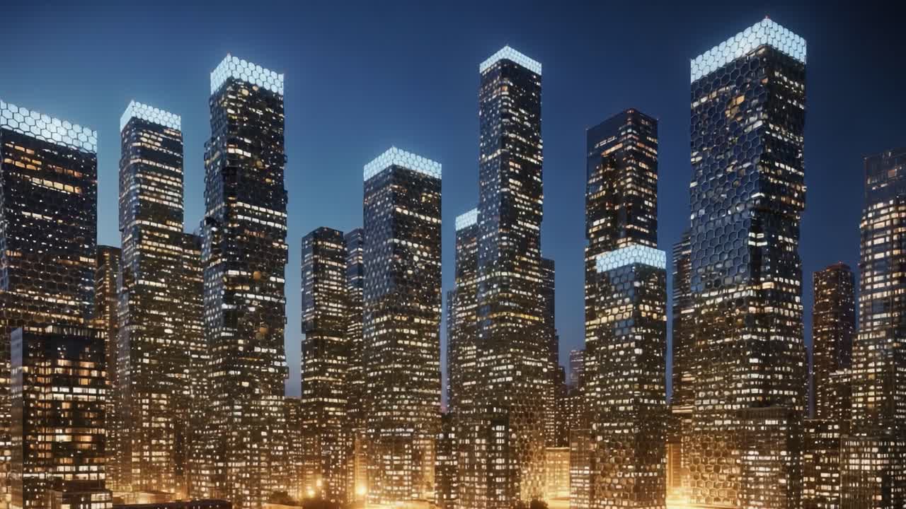 A breathtaking view of a modern urban skyline at night, showcasing towering skyscrapers illuminated with vibrant lights against the dark sky, highlighting architectural brilliance and metropolitan life