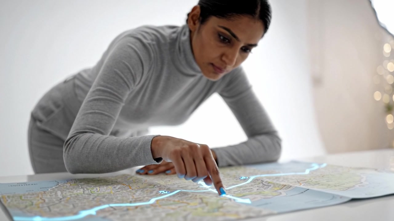 A woman intently examines a map, tracing a route with her finger, emphasizing navigation, exploration, and focus in a minimalistic setting.