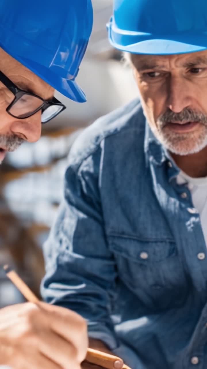 Two Construction Workers in Blue Hard Hats Collaborating on a Project, Carefully Reviewing Plans and Designs with Focus and Attention in an Industrial Environment