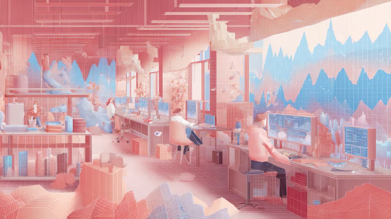A vibrant digital workspace filled with creative professionals, colorful visuals, and mountainous landscapes, showcasing innovation and collaboration in a modern office setting