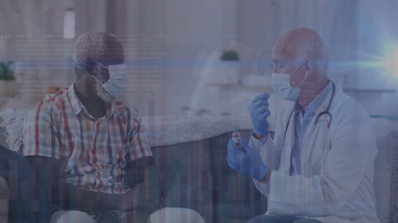 Animation of data processing over caucasian male doctor with face mask talking with patient