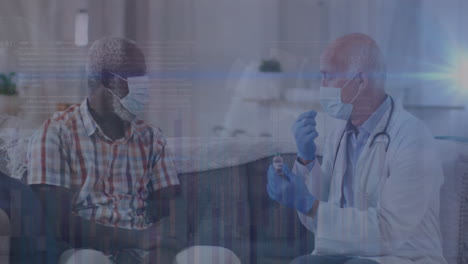 animation of data processing over caucasian male doctor with face mask talking with patient