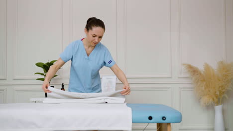 Physiotherapist-preparing-massage-bed