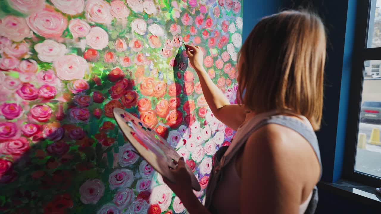 Kvindelig kunstner maler levende blomstervægmaleri med pensel og palet