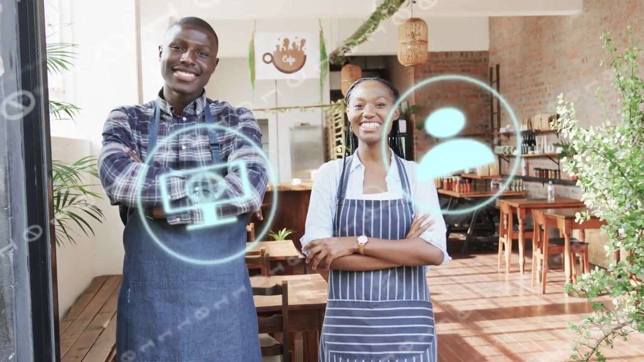 Video verticale: icone UI che compaiono, proprietari all'ingresso di un caffè che sistemano i grembiuli da lavoro e una pianta, preparandosi.