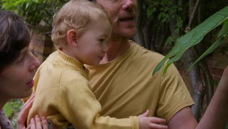 man picking flowers while holding baby in garden