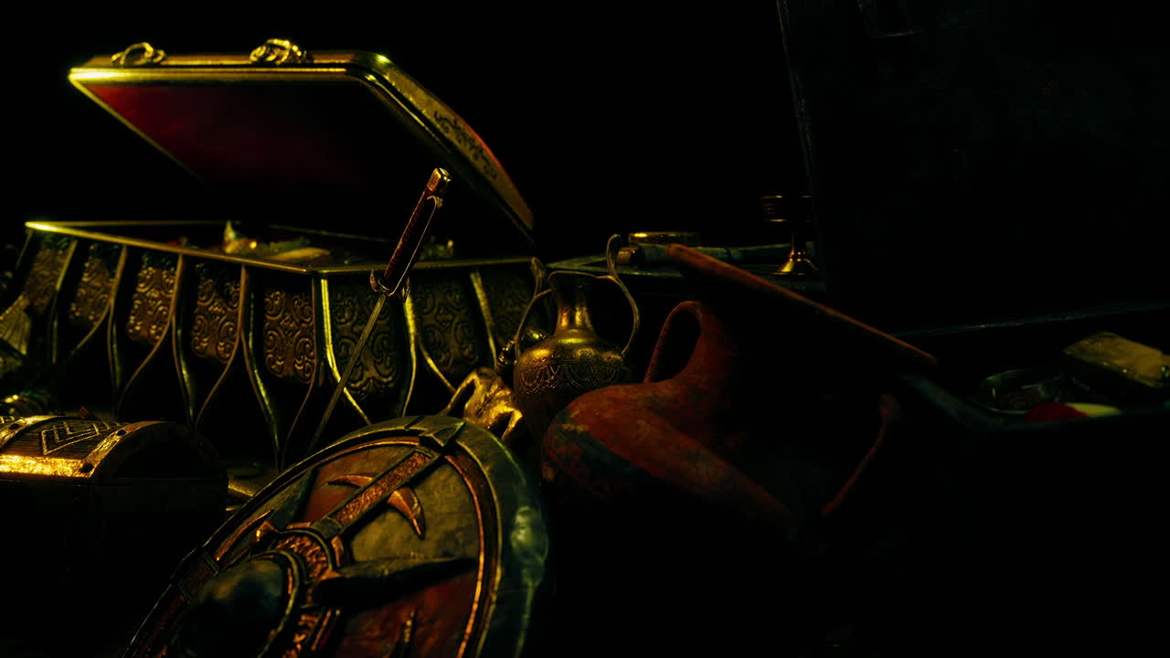 joyas y monedas de oro en la oscuridad