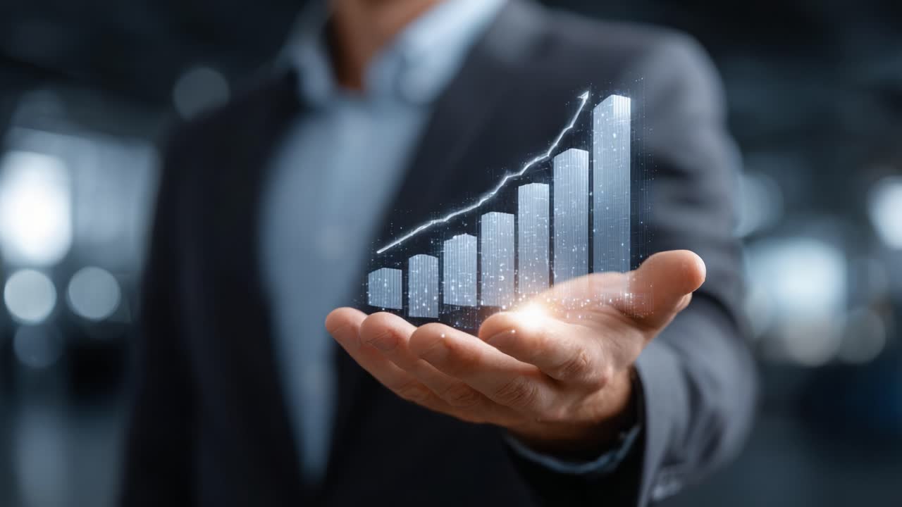A business professional showcases a transparent digital interface displaying a significant upward trend in financial data reflected through glowing bar graphs, highlighting growth potential