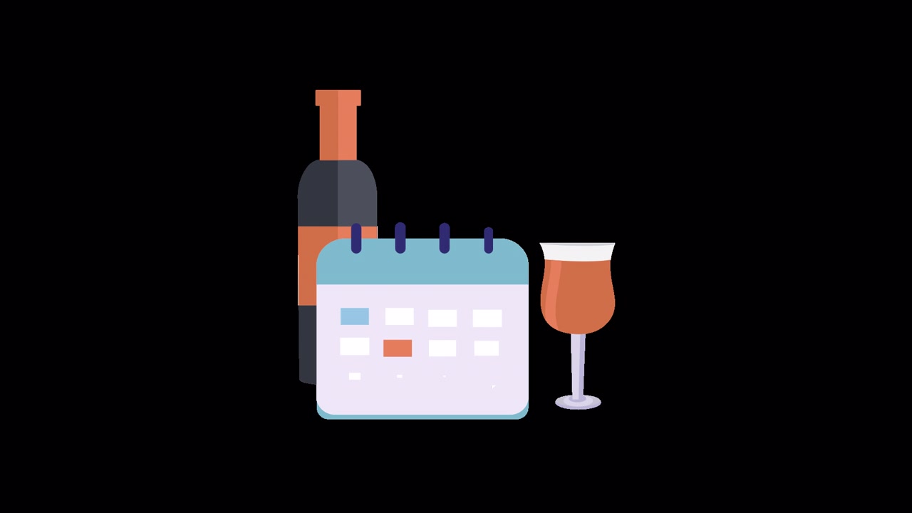 Animeret vinflaske, kalender og glas til eventplanlægning