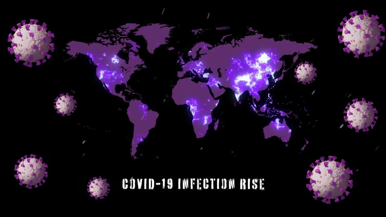 세계 지도 위에서 떨어지는 코로나19 세포의 애니메이션