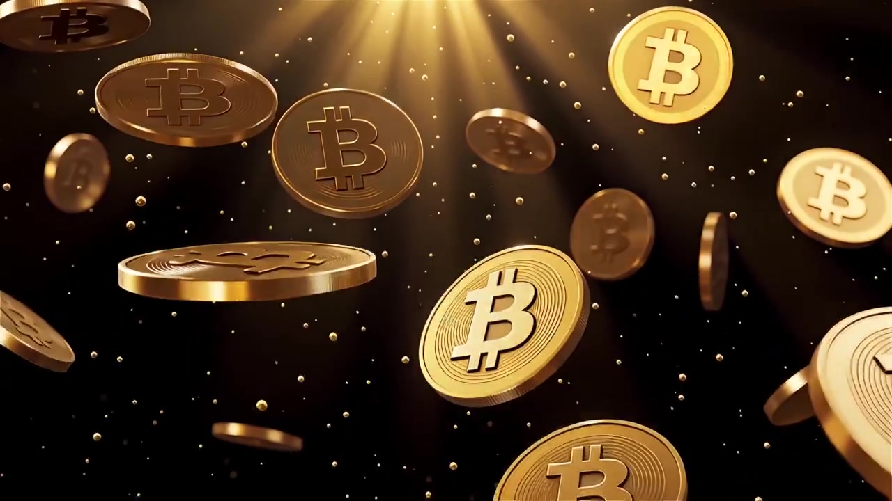 Bitcoin girando em fundo preto dramático 4K