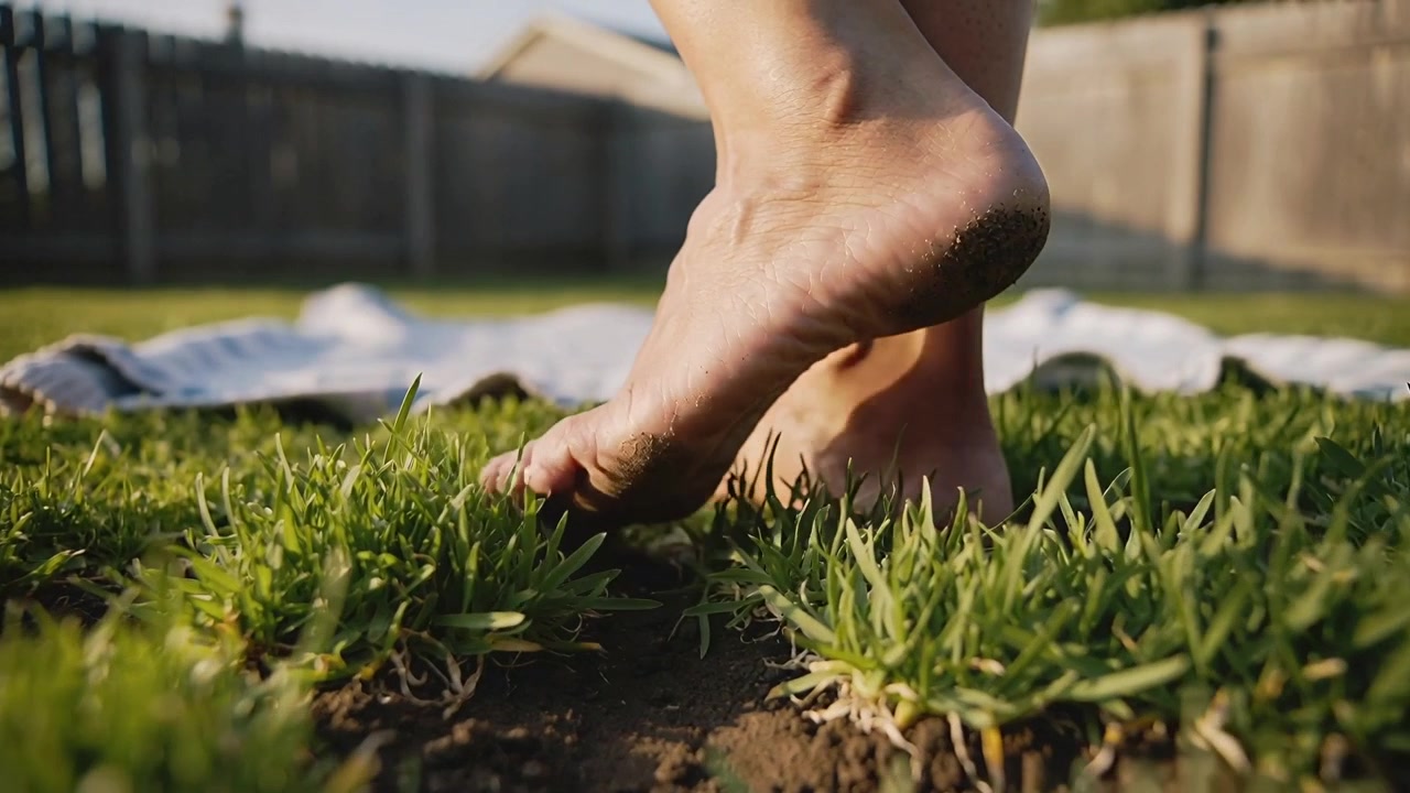 Lowering barefoot foot pressing into lawn soil, curling toes and shifting weight toward towel