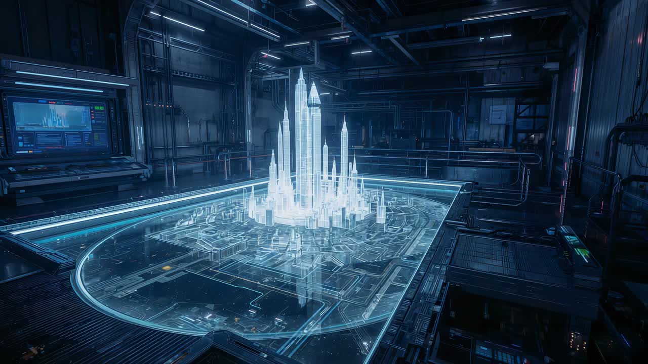 Powering pulsing city hologram rising spires on table in command room for display with wall screen