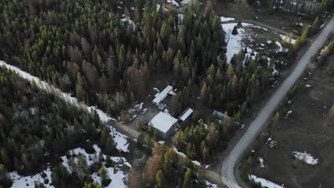 houses scattered throughout the snow covered evergreen woods