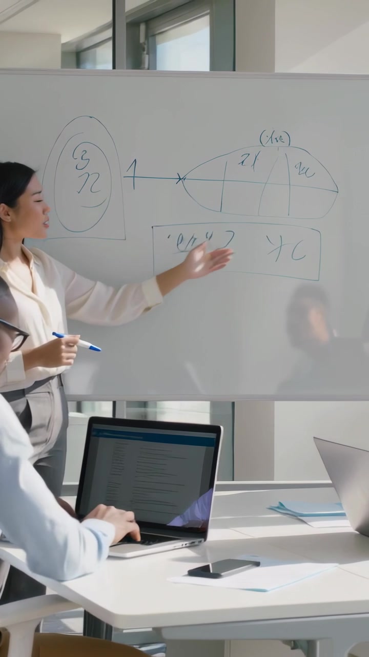 Video verticale: Donna in camicetta che indica a una riunione, mostrando un diagramma sulla lavagna con una penna, con spazio per il testo.