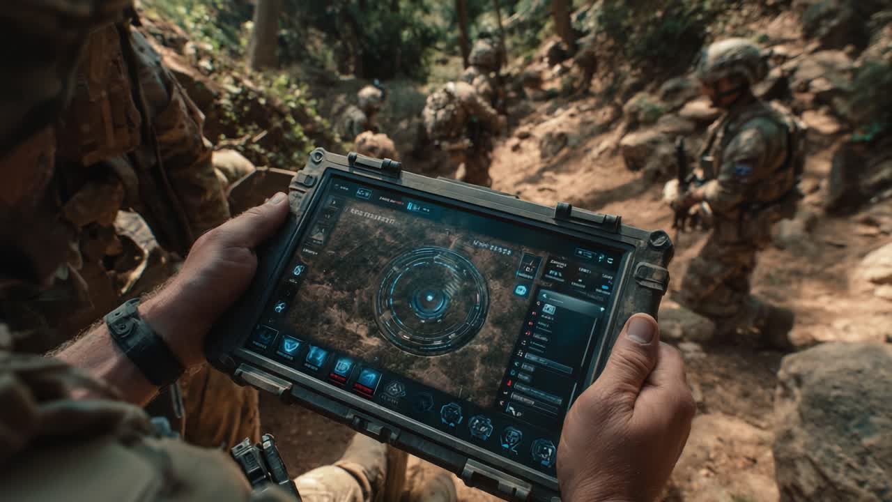 Soldiers Navigating Through Terrain Using Advanced Tactical Tablet Technology in a Natural Environment, Enhancing Communication and Strategy in the Field