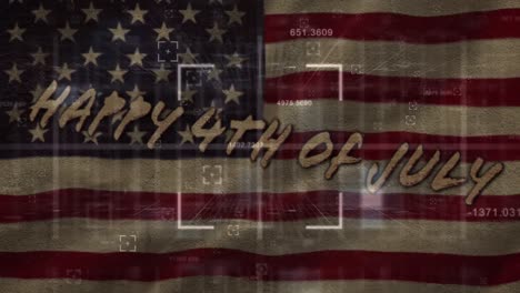 multiple changing numbers and square scope scanning over 4th of july text against waving us flag