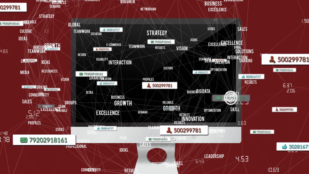 빨간색 배경에 컴퓨터를 통해 소셜 미디어 아이콘과 텍스트의 애니메이션
