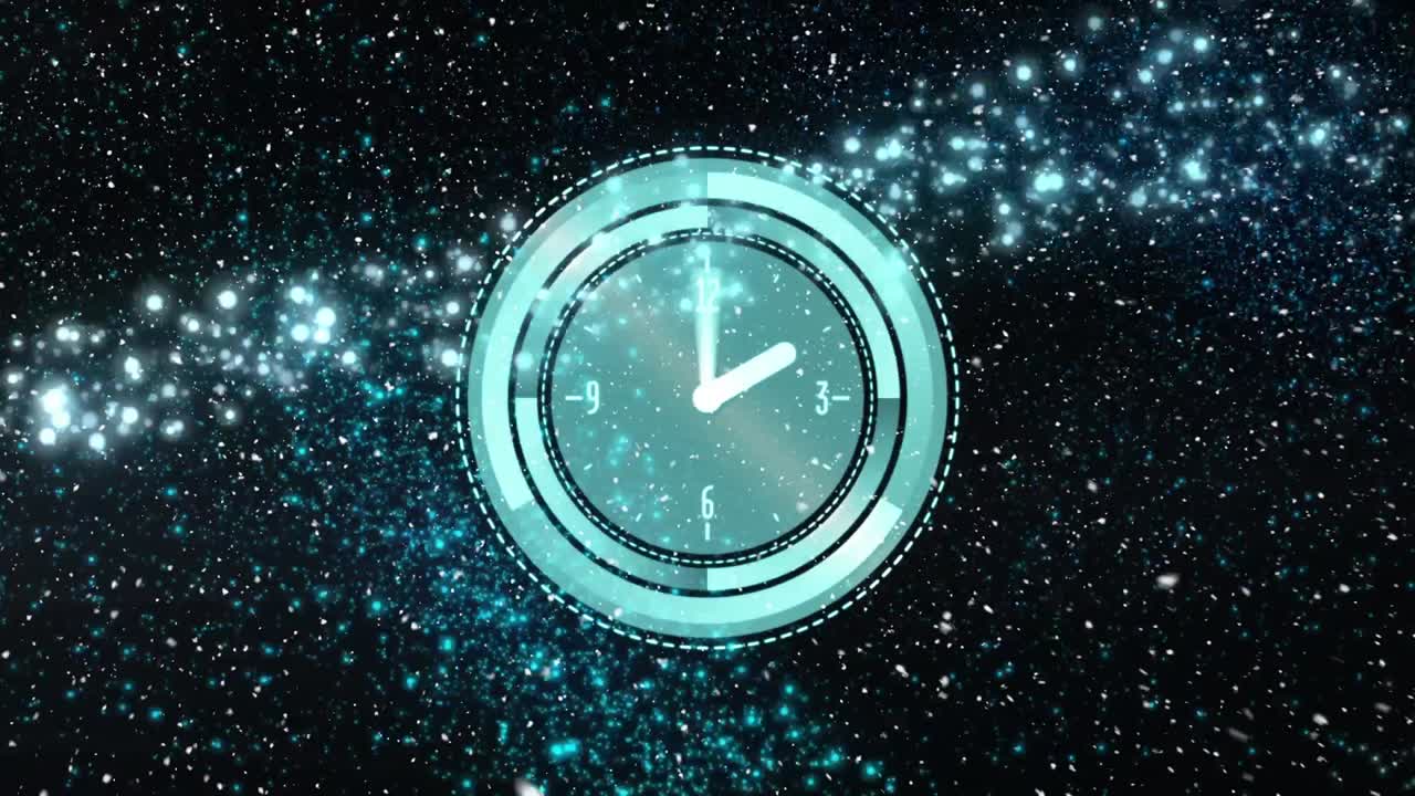 Animation of clock with moving hands over glowing lights on black background