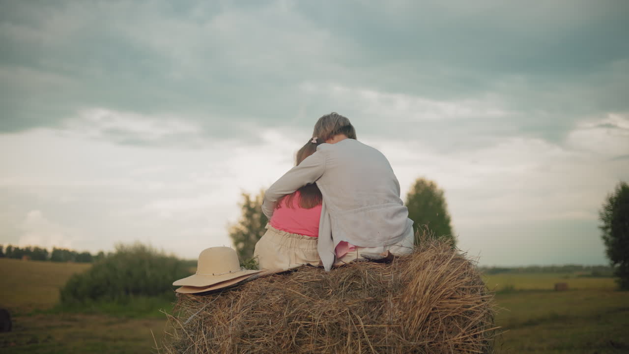 Back view of woman embracing little girl closely while seated on hay bale with hat beside them under cloudy sky, peaceful countryside moment capturing warmth, love, and family bonding in nature