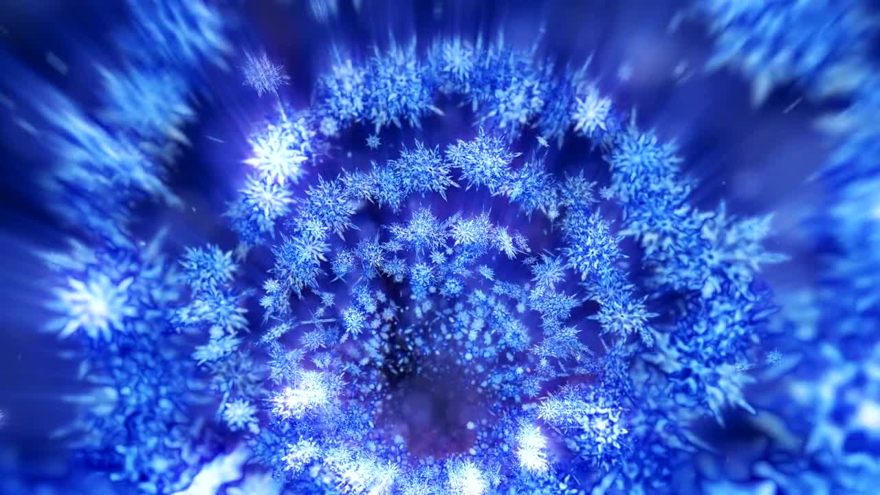 美しい雪の結晶が輝く冬のシンボル。舞い上がる雪の渦。冬のパターン。美しく舞う雪の結晶。抽象的なループアニメーション。