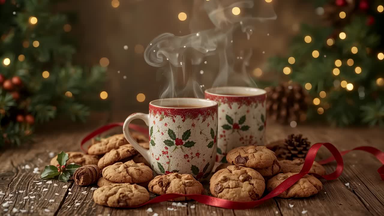 Steaming two holly mugs curling steam as drink warming on wood table with cookies camera shifting