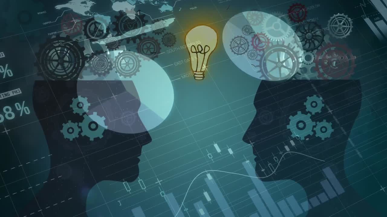 animación de diversos datos sobre cabezas, engranajes giratorios y bombilla