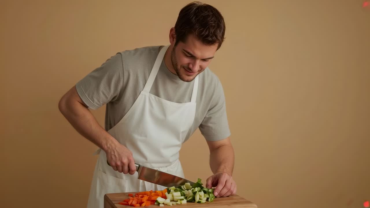 Chef che solleva un coltello, cuoco che taglia carote e zucca su un tagliere formando una pila di dadini in grembiule bianco