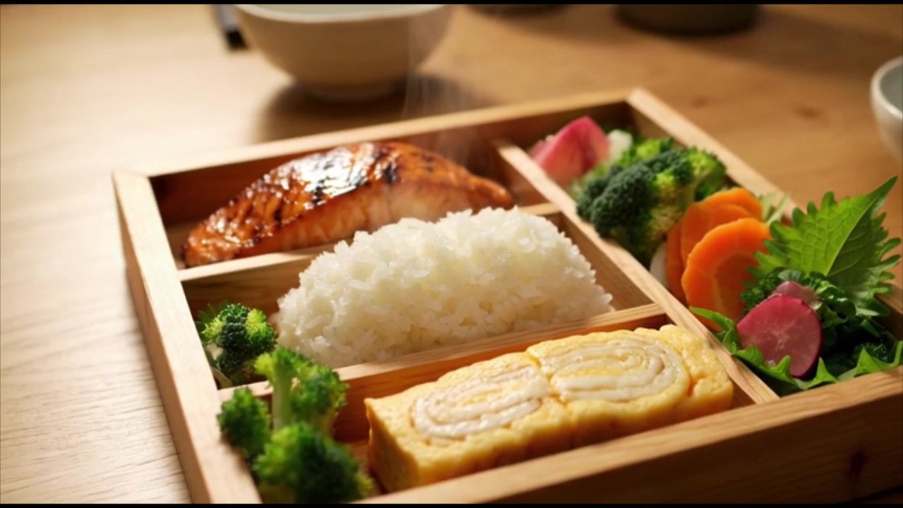 焼き鮭とご飯が入った湯気の立つ和風弁当