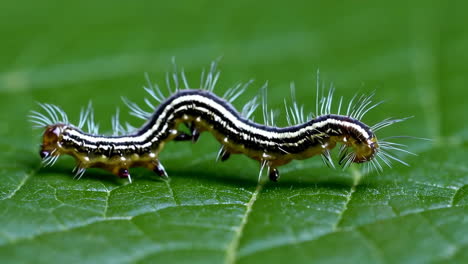 a caterpillar on a green leaf