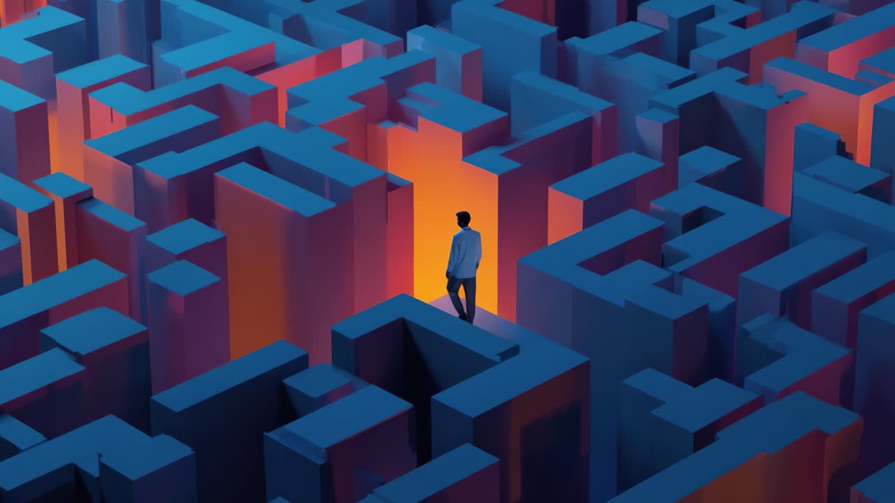 A solitary figure navigates the intricate depths of a colorful, surreal maze, representing the intertwining paths of life and the quest for clarity amidst confusion and uncertainty in an abstract world
