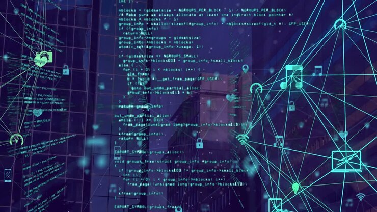 Animation of network of connections with icons and data processing over cityscape