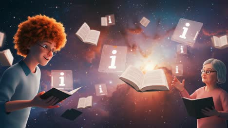 a joyful journey through knowledge: two curious minds engaged in reading among floating books in a cosmic scene of learning and discovery