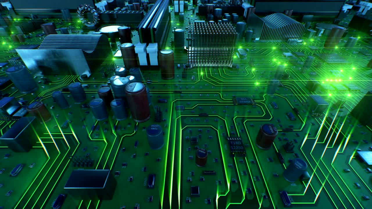 Flying Over the Circuit Board With Green Lights. Looped 3d Animation of Motherboard with Flares. Technology and Digital Concept.