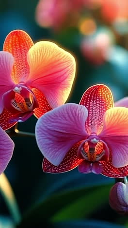 orchids blooming in sunlight. colorful orchids bloom in a garden, basking in warm golden sunlight of the late afternoon.