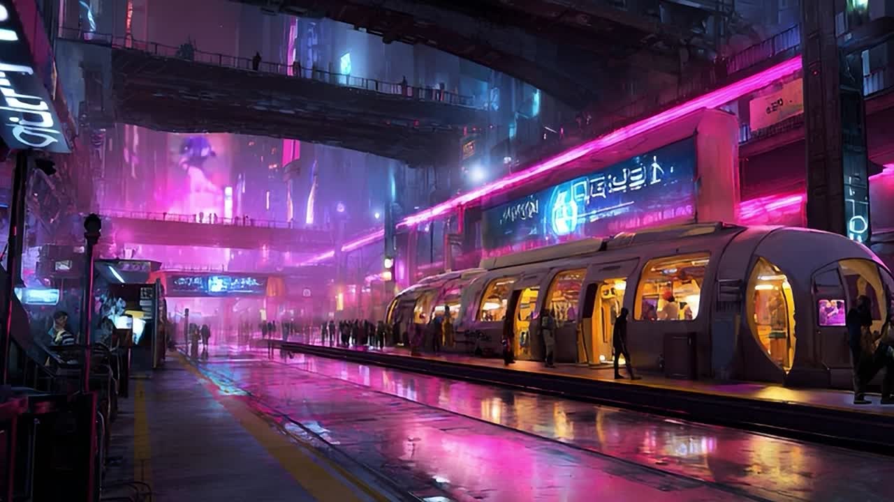 Futuristic city subway station bustling with commuters at night