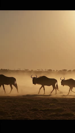 wildebeest silhouettes walking through dust at sunset