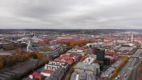 Aerial-Dolly-Shot-of-downtown-of-Gothenburg-during-cloudy-day