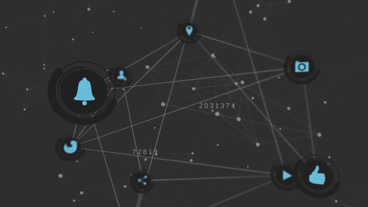 animación de una red de conexiones con iconos sociales y números crecientes